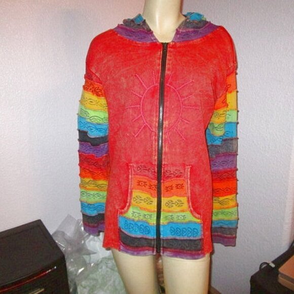 Rising SUNBURST Rainbow Size 2X HOODIE Full Zip SLASHED Jacket HIPPIE Boho ARTSY - Picture 1 of 11